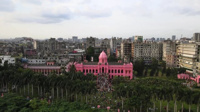 Aerial Drone View of Ahsan Manzil Museum on the Buriganga River in Dhaka, Bangladesh