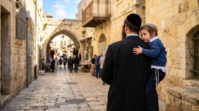Jewish father carrying his young son on a historic street, seen from behind