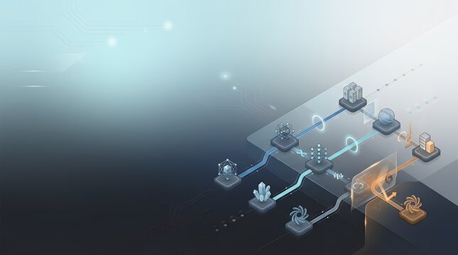 Abstract isometric cybersecurity vector illustration featuring interconnected nodes, secure data flows and artificial intelligence networks.