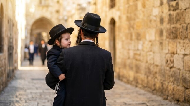 Jewish father carrying his young son on a historic street, seen from behind