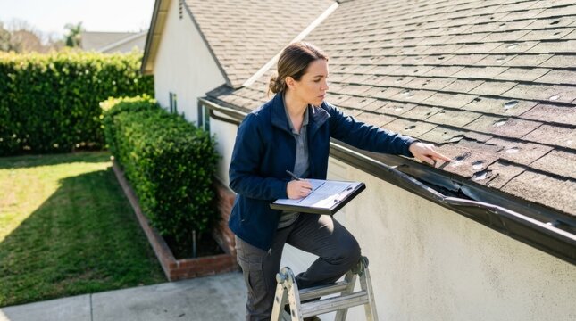 Insurance inspector examines hail-damaged roof shingles and gutter on suburban home, taking notes