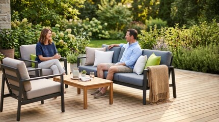 Fototapeta premium Couple Relaxing on Outdoor Patio Sofa with Coffee Table and Chairs, Lush Garden Backdrop, Copy Space