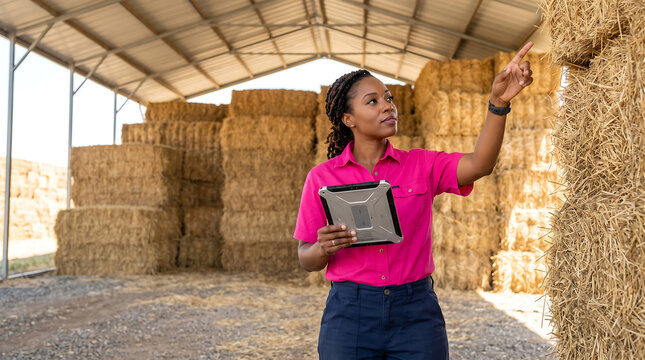 Female agricultural worker in pink shirt holds tablet while inspecting hay bales inside a barn, stacks of straw visible in the background