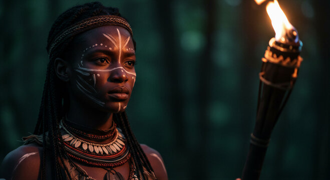African woman with traditional tribal face paint and jewelry holding a burning wooden torch in a dark forest. Concept of historical culture, heritage, ancient ritual and exploration