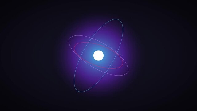 Rotating atomic structure animation with glowing nucleus and orbital rings for science and technology concepts 4k