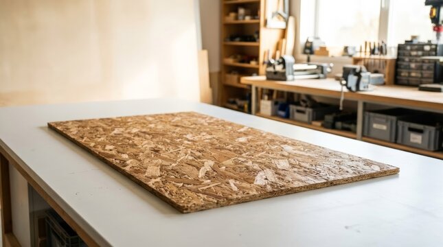 OSB board on a clean workbench in a bright workshop, perfect for product demos with ample copy space
