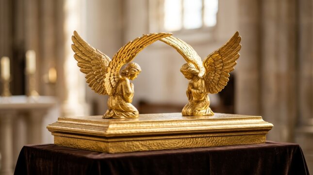 Golden Ark of the Covenant with cherubim. Religious symbol of ancient biblical history. Sacred artifact with two angels.