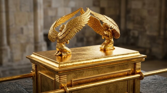Golden Ark of the Covenant with cherubim. Religious symbol of ancient biblical history. Sacred artifact with two angels.