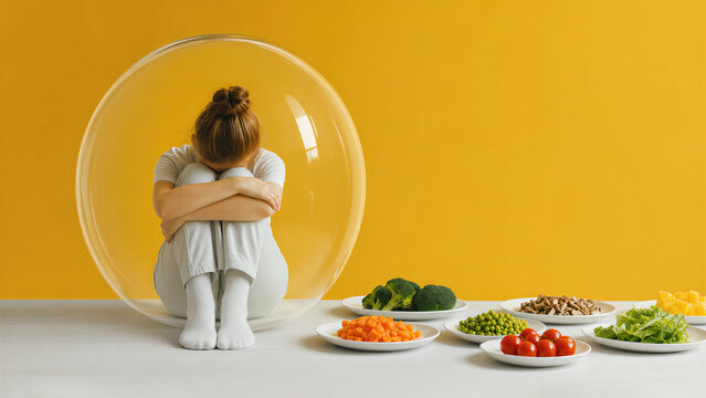 Sad woman sitting inside glass bubble isolated from healthy food on plates. Concept of eating disorder and avoidant restrictive food intake. Mental health struggle and nutrition challenge.
