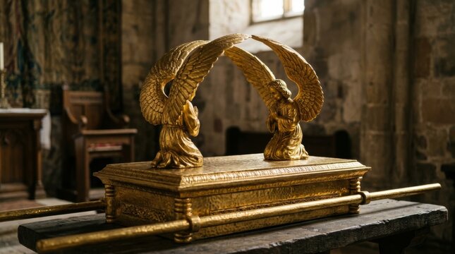 Golden Ark of the Covenant with cherubim. Religious symbol of ancient biblical history. Sacred artifact with two angels.