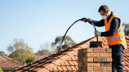 Chimney sweep cleaning rooftop chimney with brush © SashaMagic