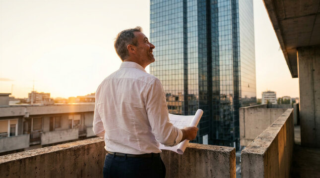 Man architect holding blueprint standing on balcony of unfinished building under construction. Professional engineer observing skyscraper facade at sunset. Real estate development site