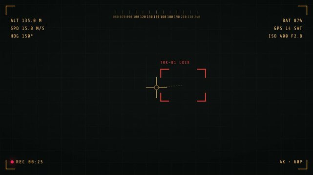 Drone tracking HUD overlay &mdash; thermal amber display, aerial surveillance interface seamless loop, 4K