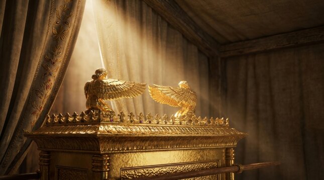 Golden Ark of the Covenant with cherubim. Religious symbol of ancient biblical history. Sacred artifact with two angels.
