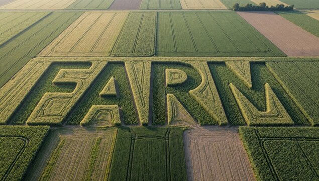 Aerial farm field word written center divided sections left section right middle fields arranged grid-like pat