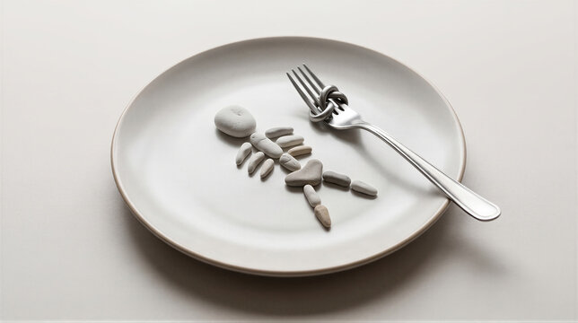 Stone skeleton figure lying on a white plate with a tied fork. Conceptual representation of eating disorder, starvation, and arfid. Minimalist metaphor for restrictive food habits.