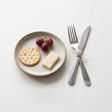 Minimal meal of single cracker, cheese and grape on small plate. Selective eating disorder and avoidant restrictive food intake disorder. Concept of restricted diet and food phobia.