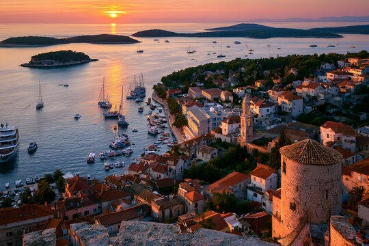 Hvar town along with the Pakleni Islands seen from the medieval Spanish Fortress, golden light across the Adriatic sea, Croatia.