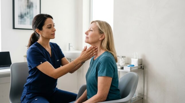 Doctor palpating patient's thyroid in a modern clinic examination room, focusing on healthcare and medical consultation