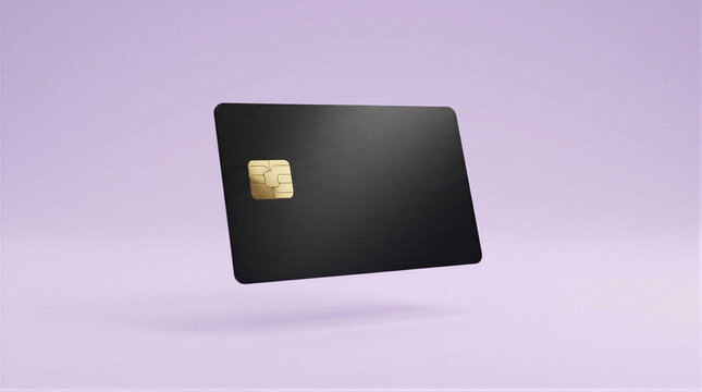 Black metal credit card with gold chip floating against a light purple background. Financial technology, secure payment method, banking concept and electronic commerce transaction tool