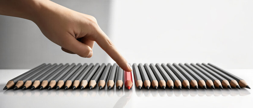 Woman finger touching one red pencil in a row of grey pencils. Concept of obsessive compulsive disorder, perfectionism and need for order. Banner with copy space