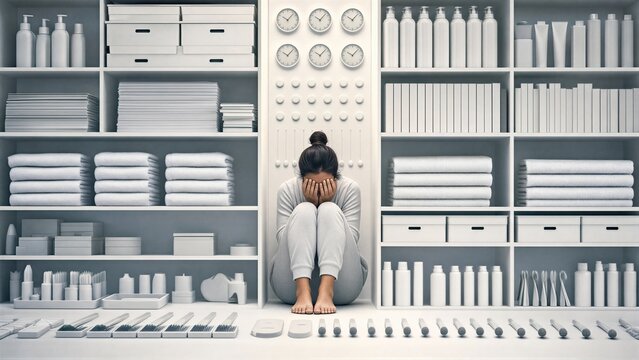 Woman sitting on floor with head in hand among perfectly organized shelves. Concept of obsessive compulsive disorder and need for control. Mental health struggle and stress.