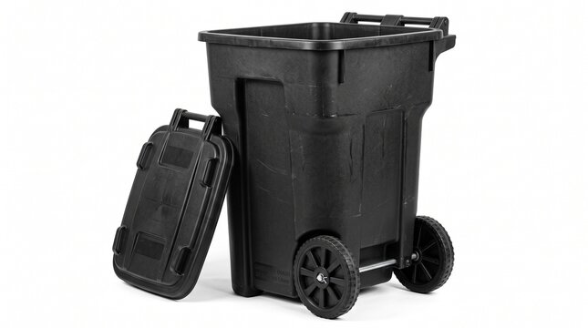 Black plastic wheelie bin with lid leaning against side on white background with municipality environment sanitation recyclable disposable with industrial