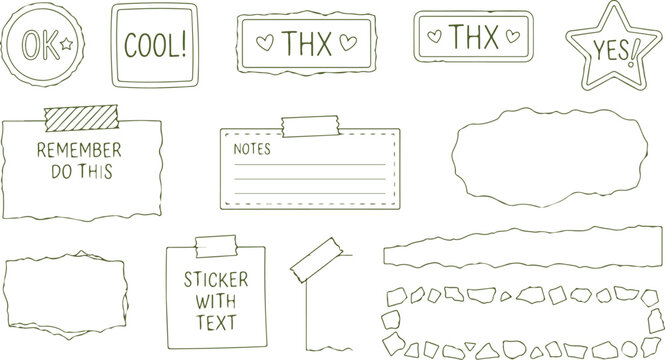 Hand drawn doodle elements for notes reminders and messages with thx yes cool and ok labels.