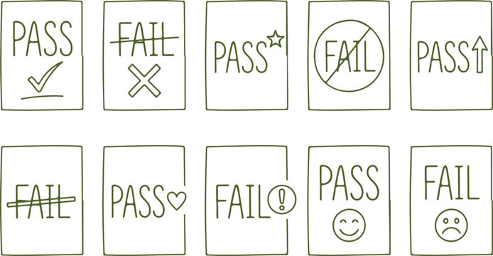 Pass fail cards test results approval rejection icons hand drawn style checkmark cross star circle emotion symbols.