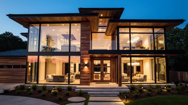 Modern house exterior illuminated at dusk with landscaped front yard and pathway video architecture