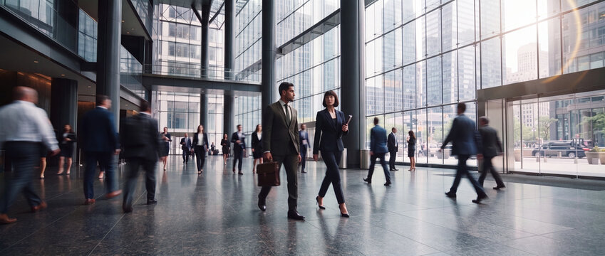 Business people walking in modern corporate lobby with high glass windows and natural daylight, ideal for enterprise culture, career growth, and executive workforce concepts