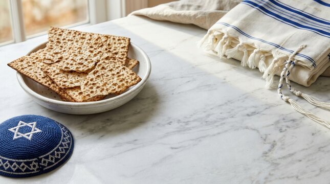 Traditional passover elements: matzah, kiddush cup, tallit, and yarmulke on marble table with copy space