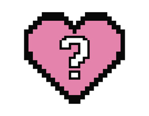 Fototapeta premium Pixelated Heart with Question Mark: A charming pink heart composed of pixels displays a white question mark at its center, symbolizing mystery, unknown love, or emotional inquiry.
