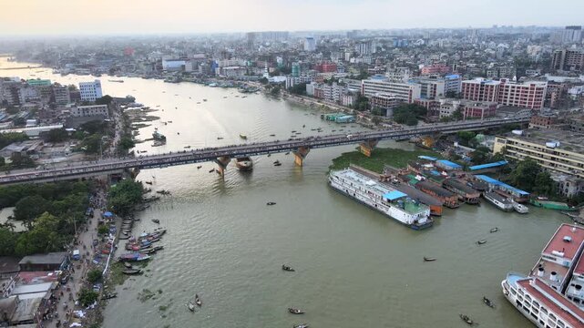 Aerial Drone View of Babu Bazar Bridge and Buriganga River in Old Dhaka, Bangladesh