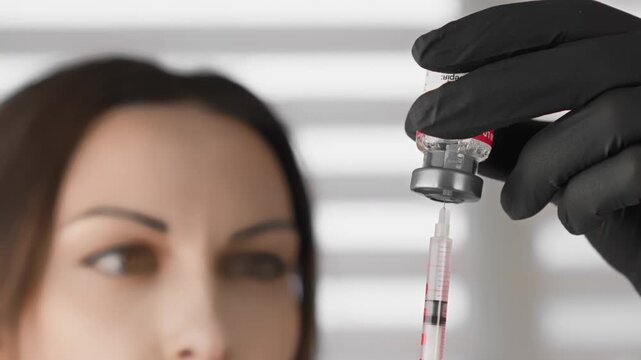 A close up shows a gloved hand drawing vaccine into a syringe, highlighting the importance of vaccination and sterile technique. The blurred background suggests a modern medical environment