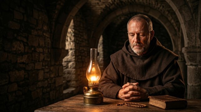 Monk or friar with clasped hands praying beside an oil lamp on a wooden table in a dimly lit, ancient monastery