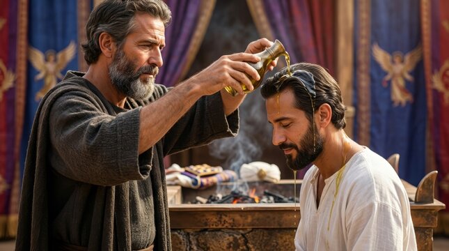 Anointing a man's head with oil in a desert setting, a symbolic ritual of consecration and blessing with religious and historical significance