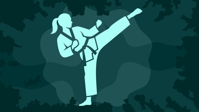 Dynamic flat vector of a martial arts athlete performing a powerful high kick. Ideal for karate, taekwondo, self-defense schools, combat sports, fitness, and championship promotions.