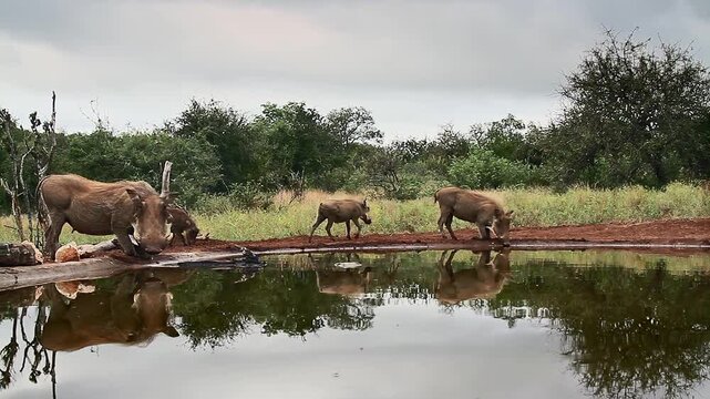 Common warthog family walking and drinking in waterhole with reflection in greater Kruger National park, South Africa ; Specie Phacochoerus africanus family of Suidae