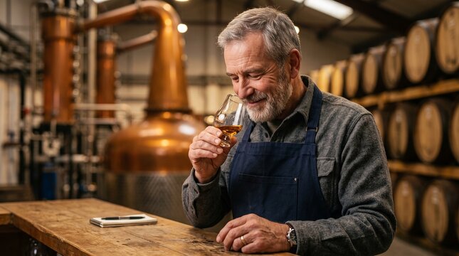 An experienced distiller with a grey beard and an apron savors the aroma of a fine spirit, reflected in a glass, in a traditional distillery with copper stills and oak barrels.