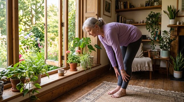 Elderly Woman Bending Over Indoors Near Window with Plants and Garden View