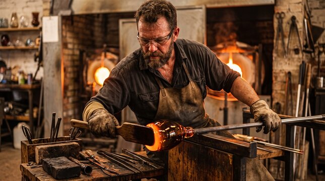 A skilled glassblower, with focused intensity, shapes molten glass using a blowpipe in a traditional workshop, sparks and glowing heat emanating from the furnace in the background.