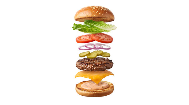 Deconstructed cheeseburger with floating ingredients, exploding beef burger layers on white background, fresh gourmet hamburger components
