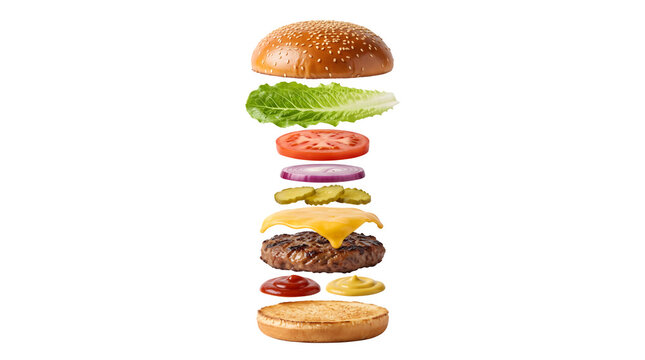 Deconstructed floating burger layers on white background, exploding cheeseburger ingredients with beef patty and fresh vegetables, gourmet hamburger components
