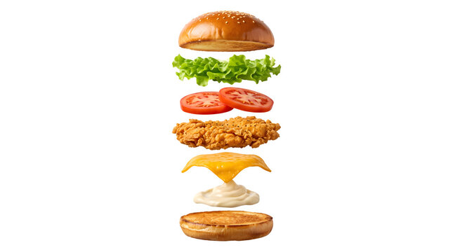 Exploding chicken burger with flying ingredients, deconstructed crispy chicken sandwich on white background, gourmet fast food burger layers
