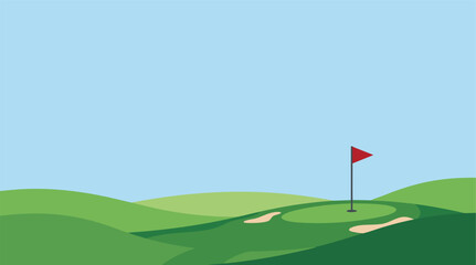 Fototapeta premium Professional Golf Course Landscape Vector Illustration Design Featuring A Green Putting Hole Flag And Sand Trap For Sports Backgrounds 7