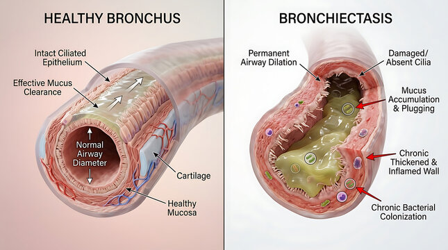 Healthy Bronchus vs Bronchiectasis with Dilated Airway and Mucus Accumulation