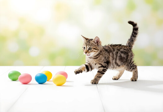 Playful tabby kitten reaching for colorful Easter eggs on a white wooden surface with a blurred green background