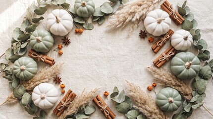 Obraz premium Minimalist Autumn Pumpkin and Dried Leaves Background with Copy Space