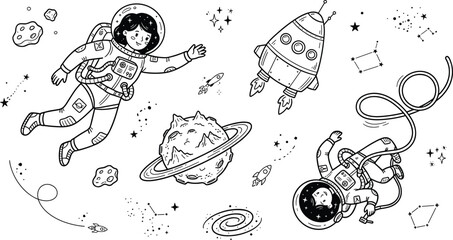 Cute Astronaut Kids Floating in Outer Space with Rocket Ship Saturn Planet Stars Constellations and Asteroids Line Art Doodle Element Set © Rofiqul